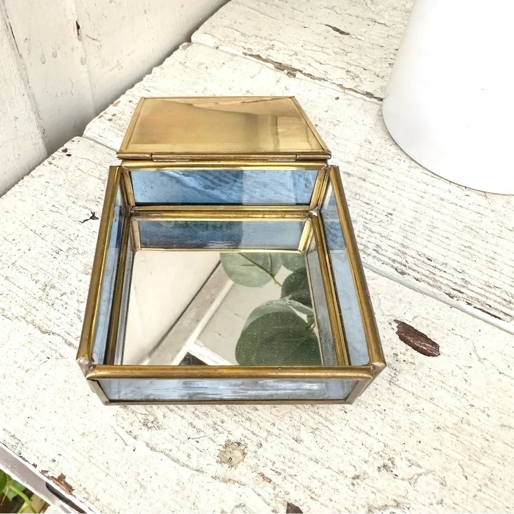 3/$22🩶 Vintage Angels Via Vermont Glass Brass Trinket Jewelry Box Mirror